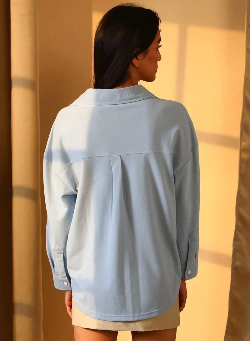 Pinacolada  Women's Icy Blue Solid Boxy Shirt For Casual Wear | Spread Collar | Long Sleeve | Button Closure | Shirt Designed With Comfortable Fit For Woman & Girls for Women | Best Price UAE